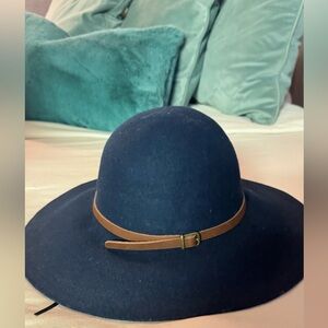 Elegant Navy Blue Wide Brim Hat with Brown Band
